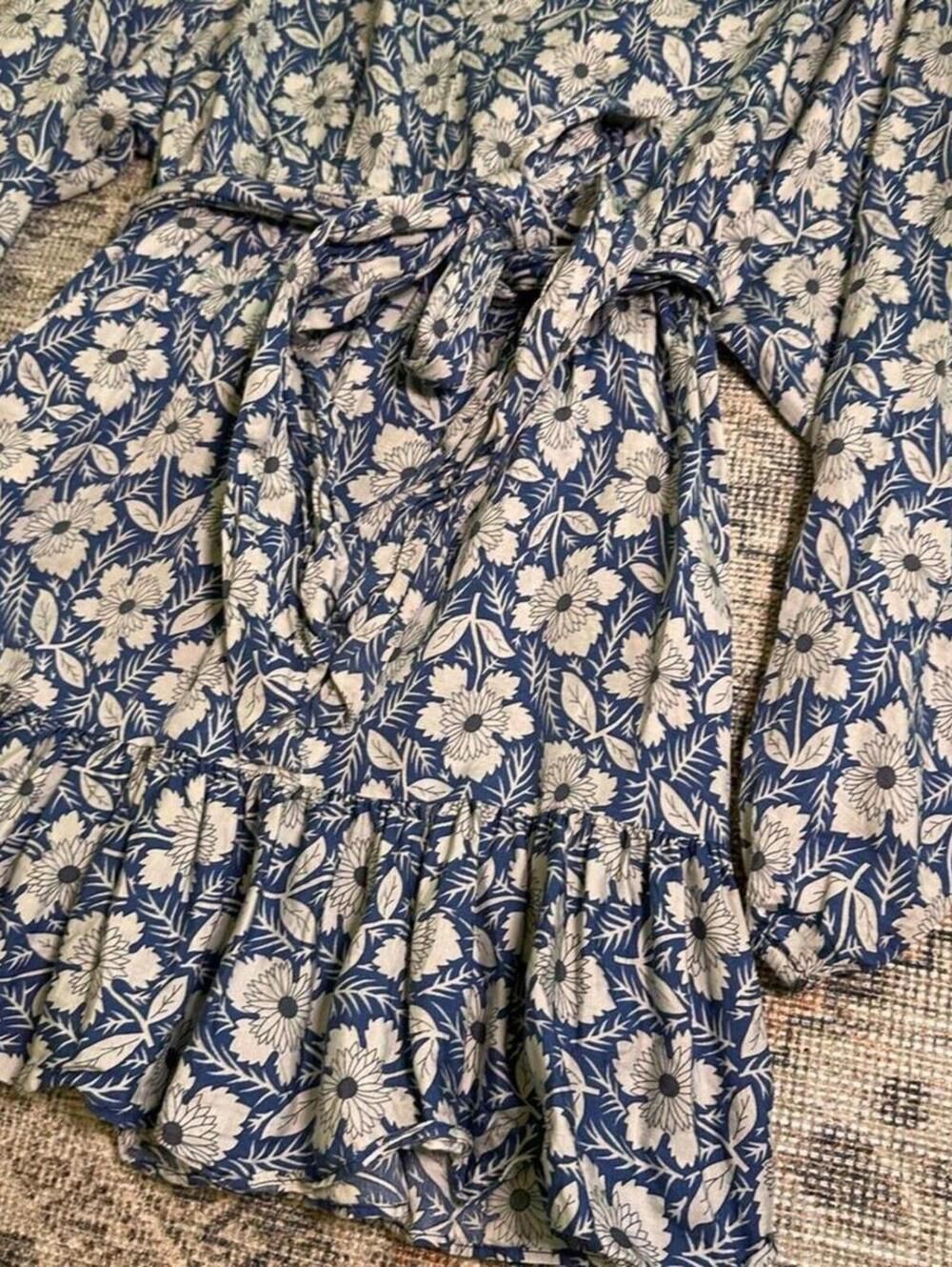 Outerknown Lulu Floral Dress Women Size M Blue Silk Blend Ruffle Festival Boho - Picture 4 of 8